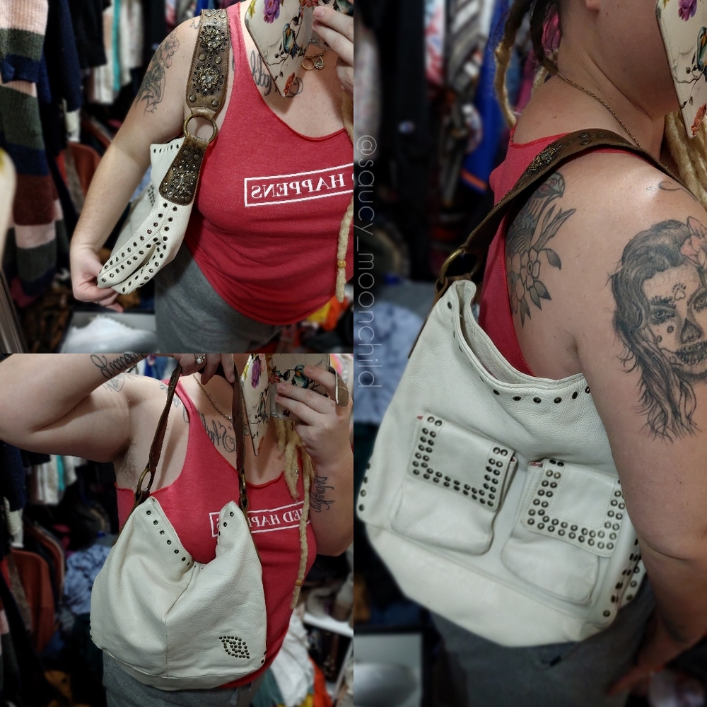 Betsey Johnson ☆ Rare Htf White Studded Leather Hobo Chunky Handbag Shoulder Bag - Picture 1 of 8